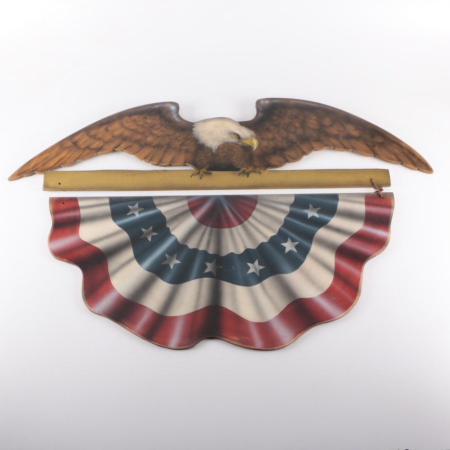 Wooden Bald Eagle and Flag Wall Hanging