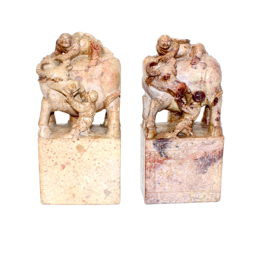 Chinese Carved Soapstone Bookends