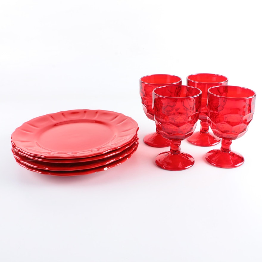 Viking "Georgian" Ruby Red Water Goblets and Italian Plates
