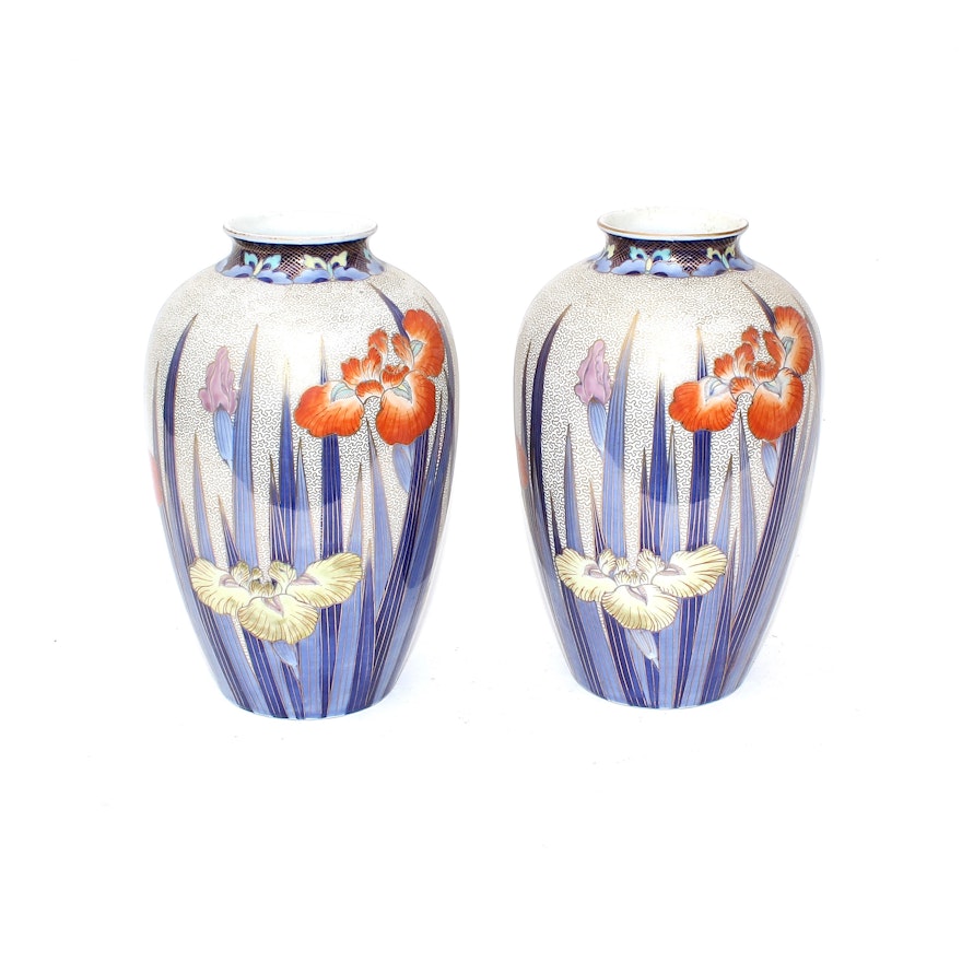 Pair of Japanese Fukagawa Porcelain Floral Vases