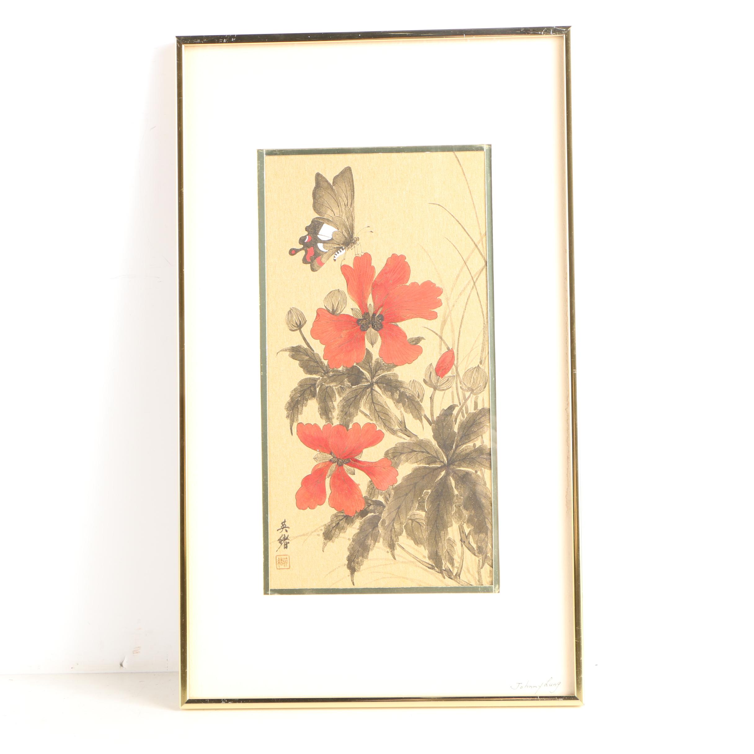 Johnny Lung Ink and Gouache Paintings "Butterfly" and "Red Winged Black Bird"