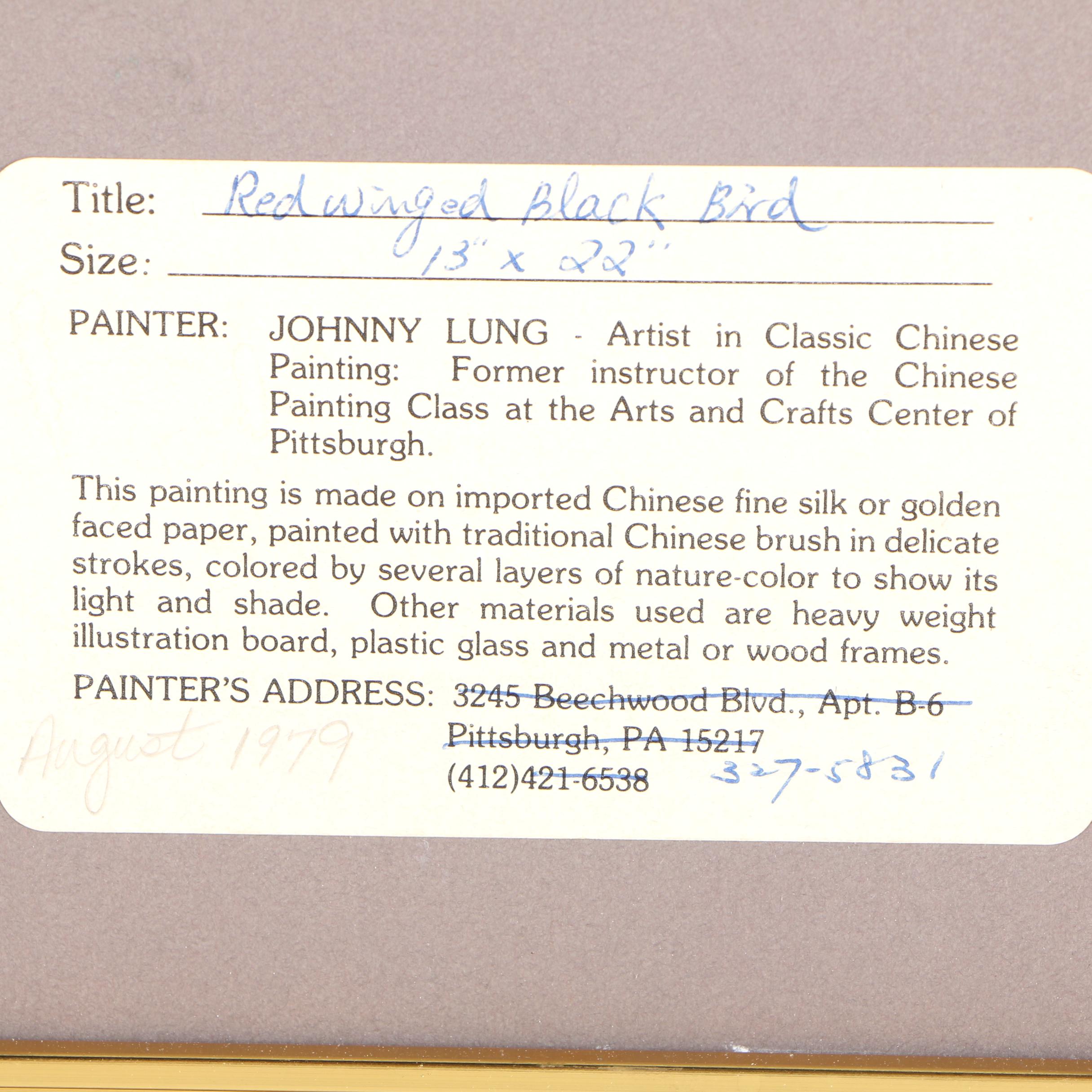 Johnny Lung Ink and Gouache Paintings "Butterfly" and "Red Winged Black Bird"