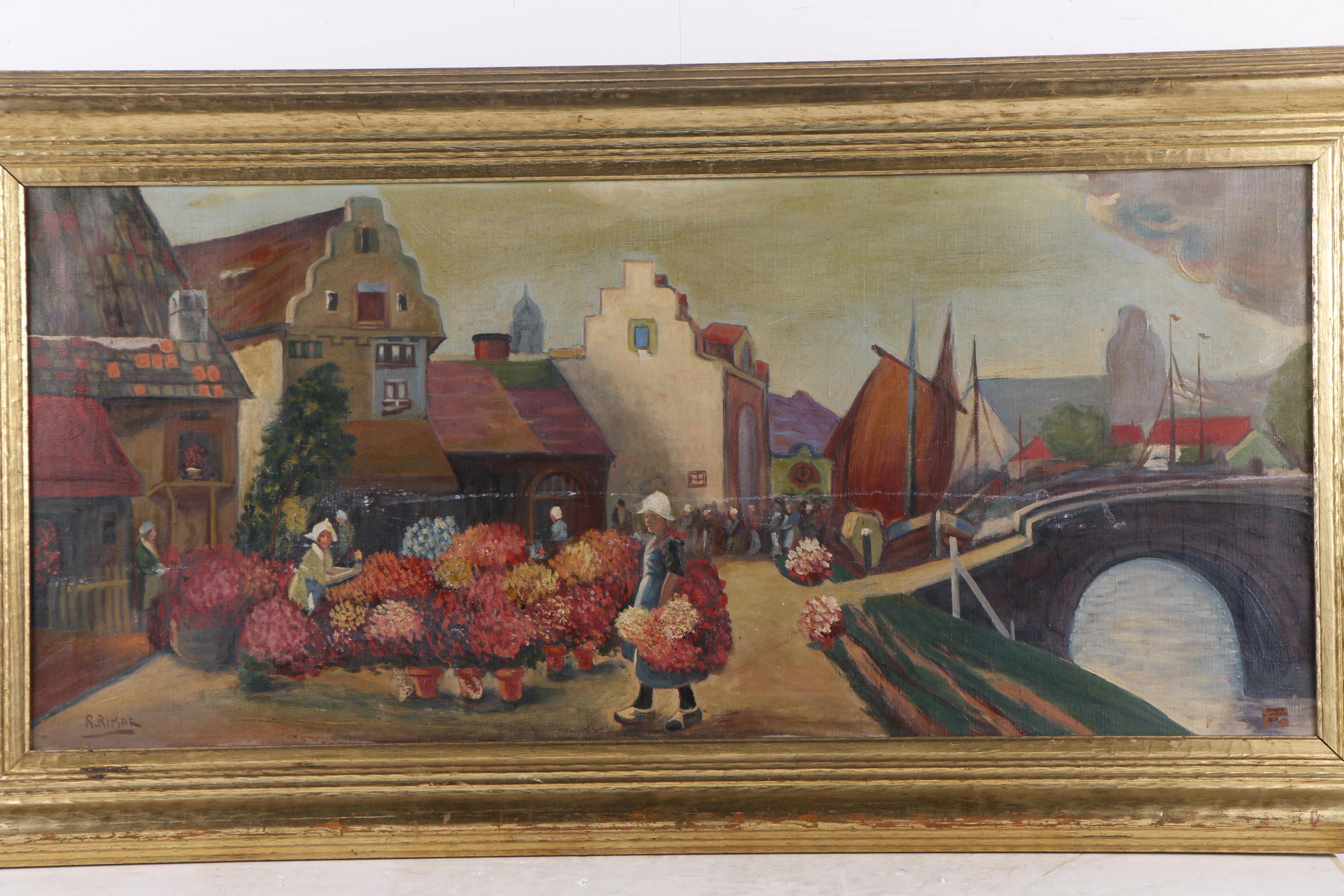 R. Rimar Oil Painting of Dutch Flower Market