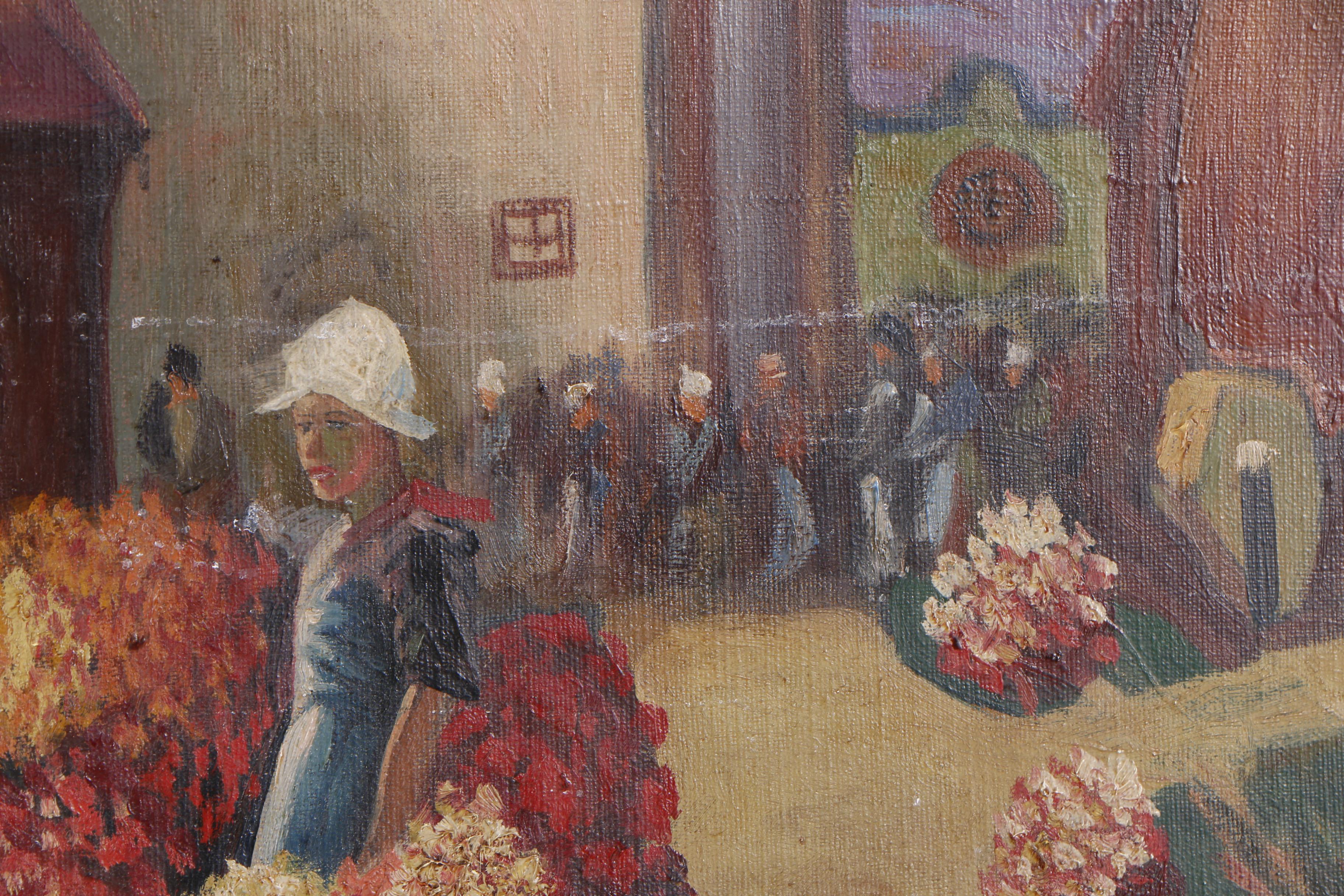 R. Rimar Oil Painting of Dutch Flower Market