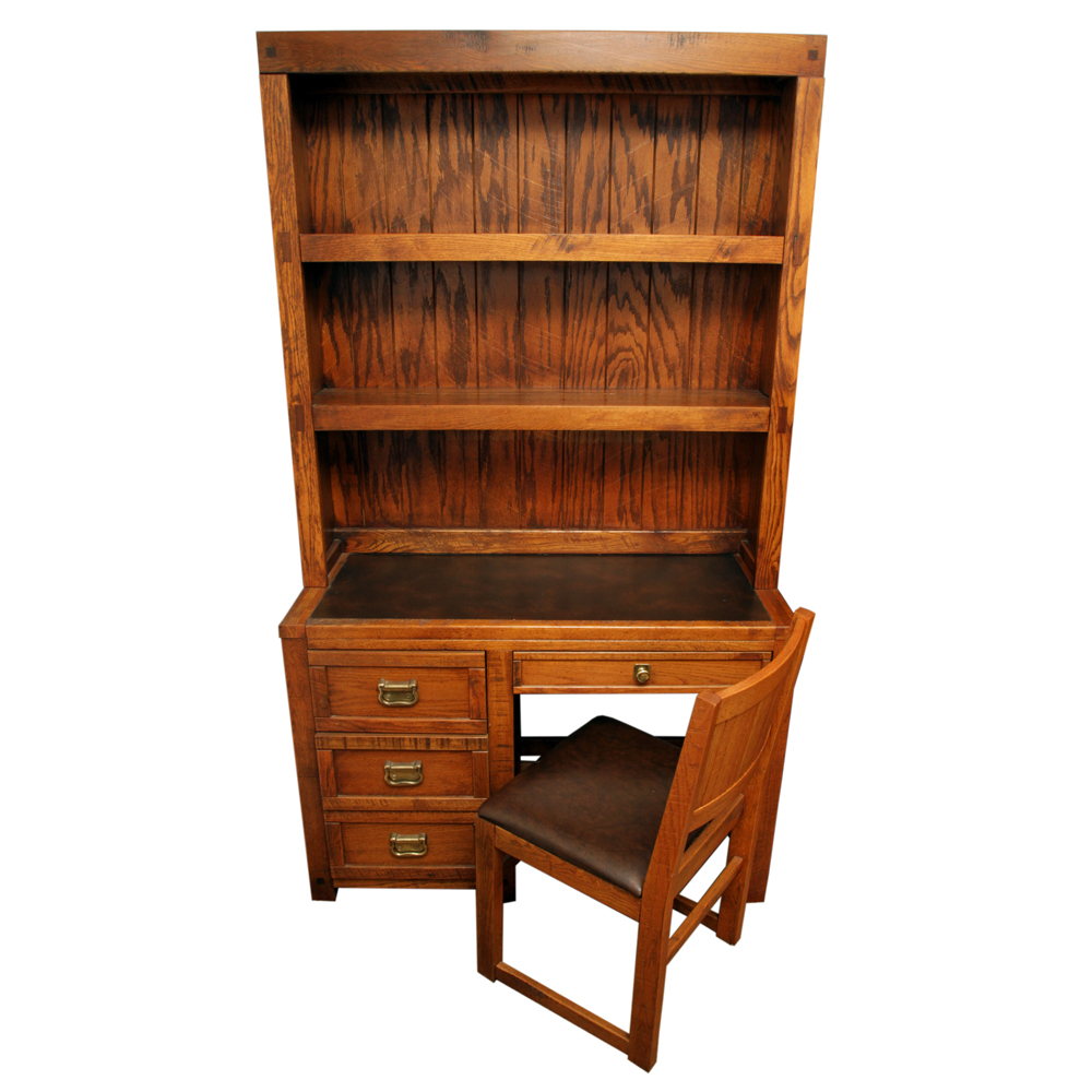 Circa 1980s "Windjammer" Oak Desk with Hutch and Chair by Young-Hinkle