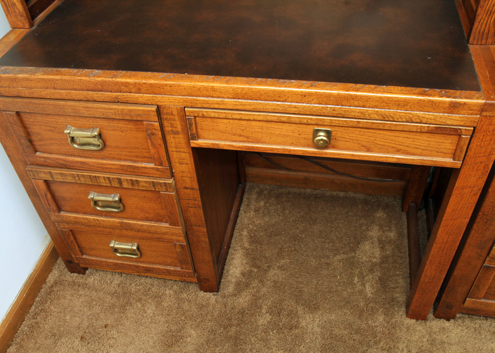 Circa 1980s "Windjammer" Oak Desk with Hutch and Chair by Young-Hinkle
