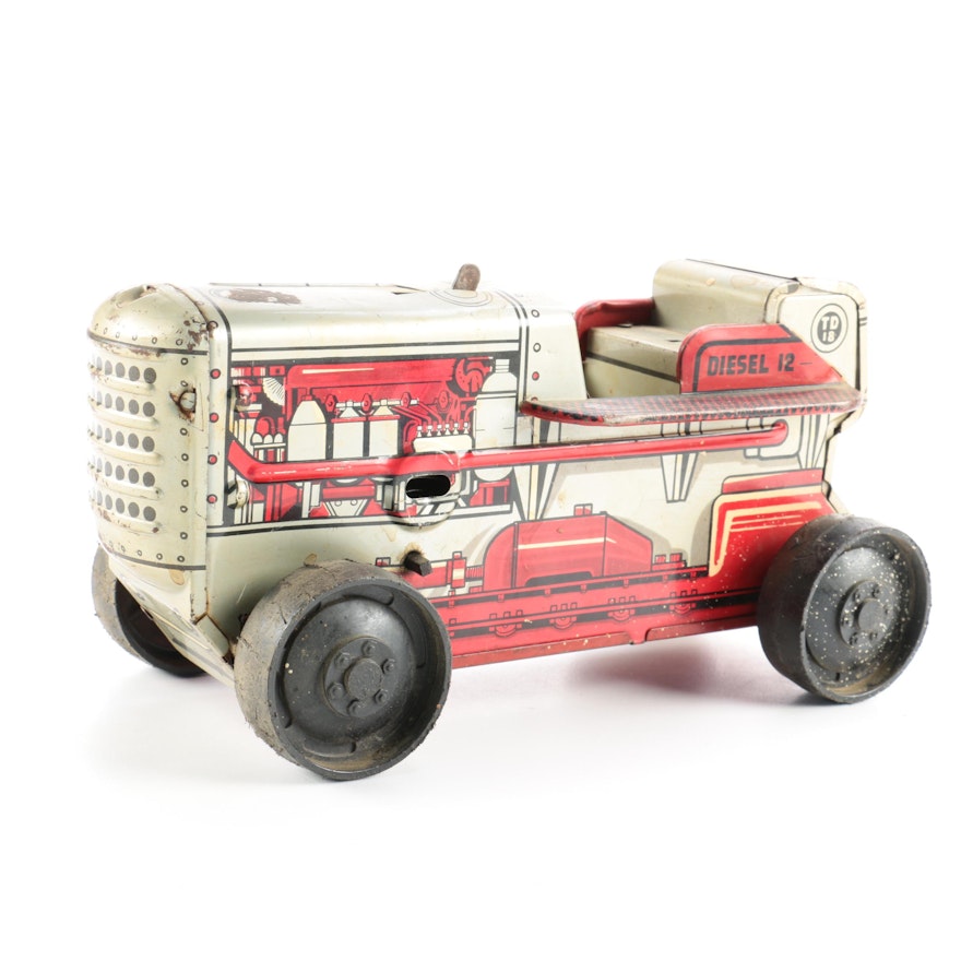 1950s Tin Litho Diesel Tractor Wind-Up Crawler by Marx