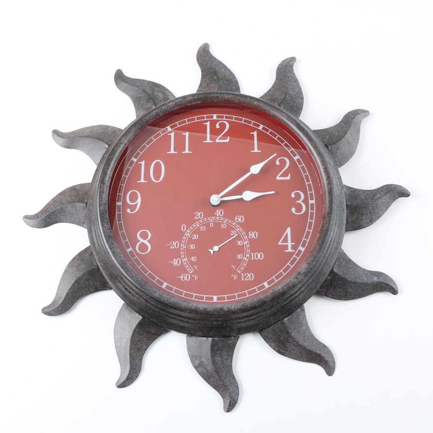 Sun Shaped Wall Clock with Thermometer