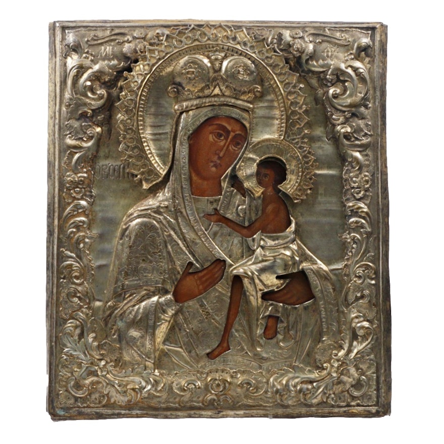 19th Century Russian School Theotokos (Mother of God) Icon with Brass Riza