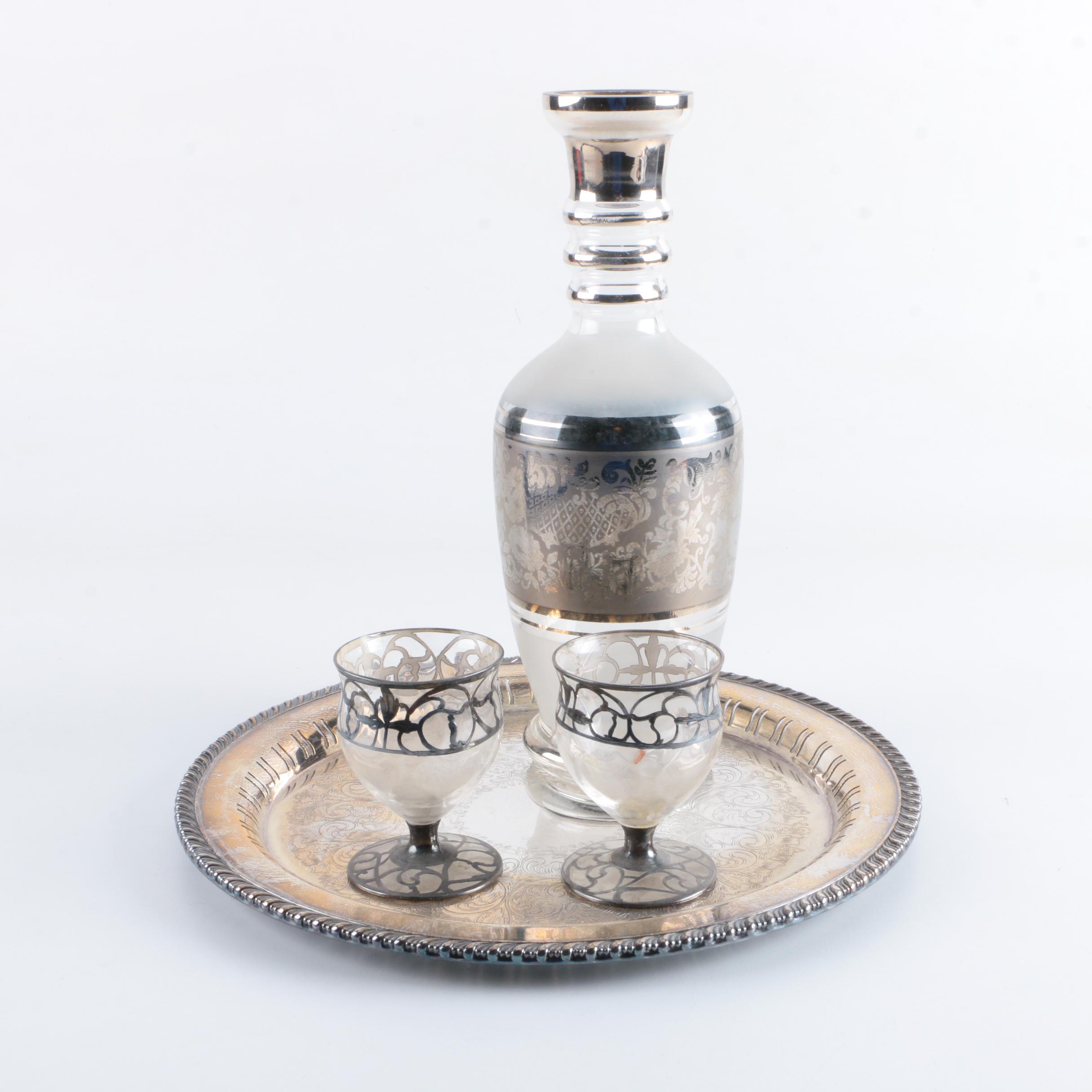 Wm. A. Rogers Silver Plate Tray and Silver Plate Overlay Decanter Set