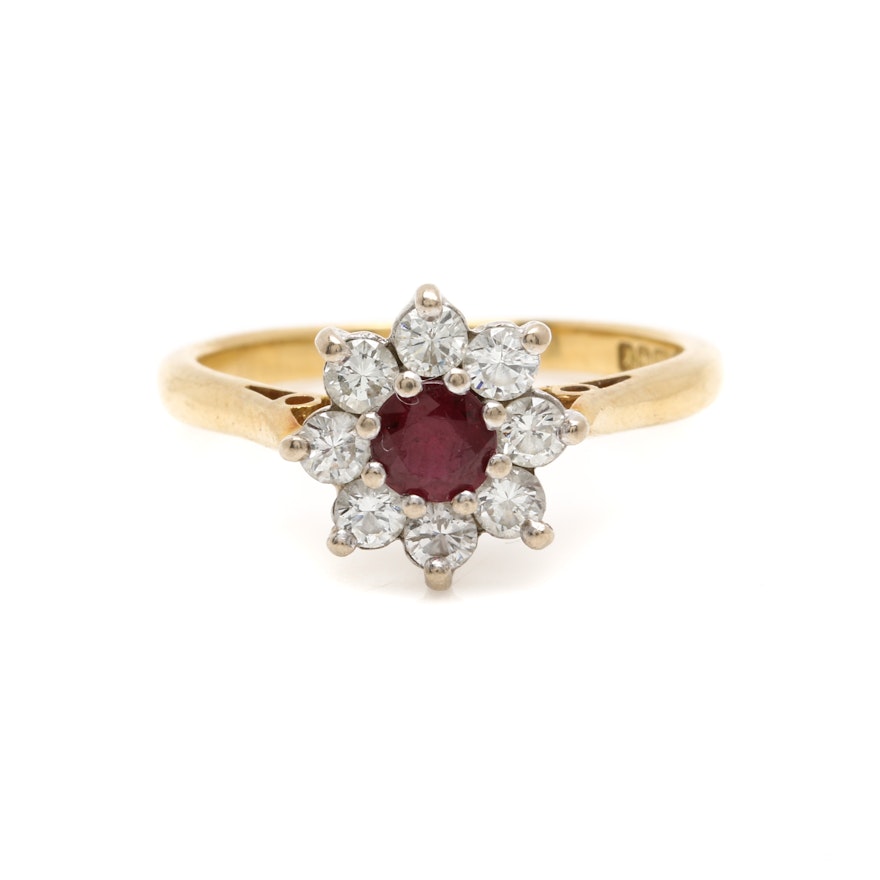 Circa 1974 18K Yellow Gold Ruby and Diamond Floral Ring