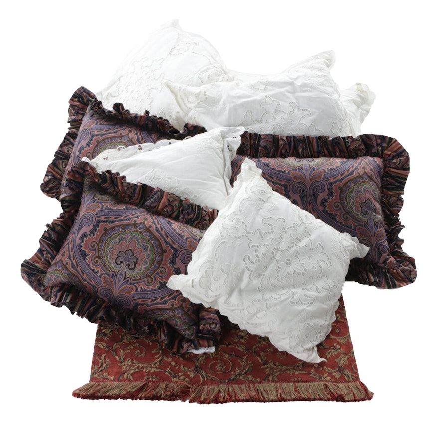 Collection of Decorative Throw Pillows and Small Rug