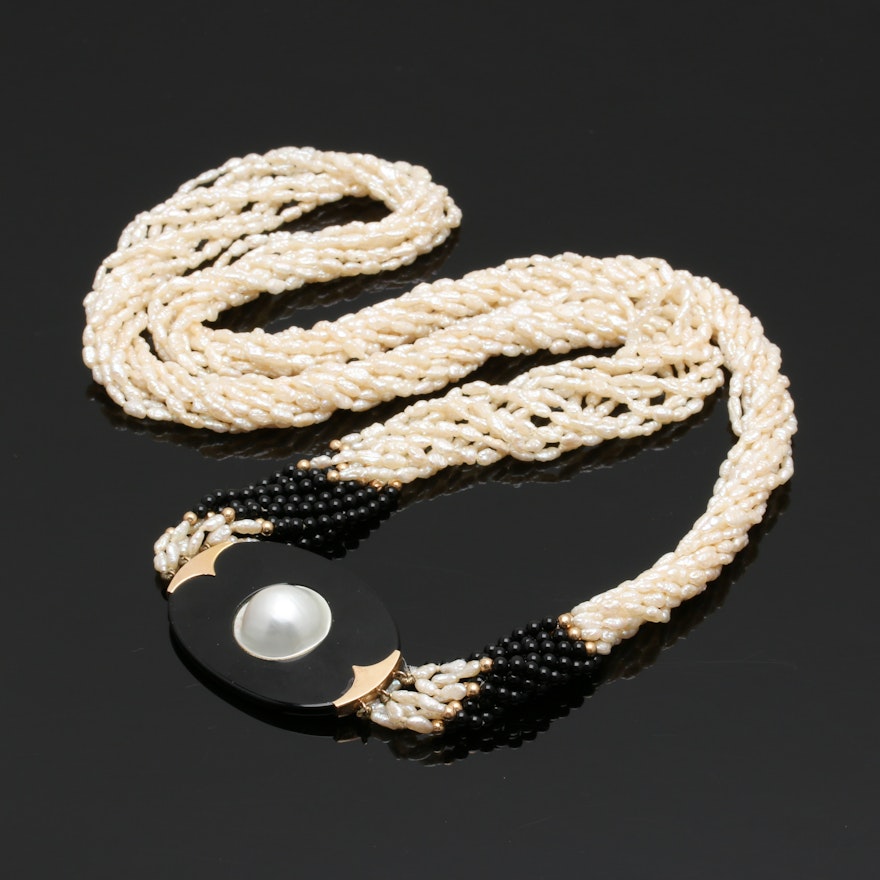 14K Yellow Gold Cultured Pearl and Onyx Necklace