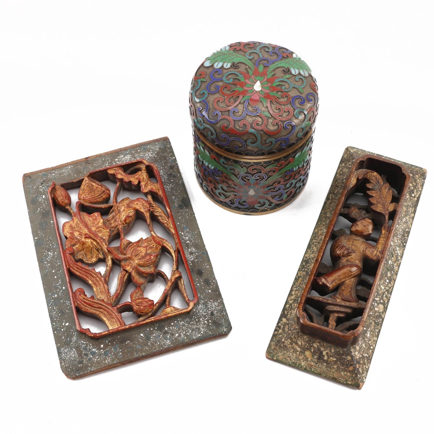 Vintage Chinese Cloisonne Jar and Carved Wall Plaques