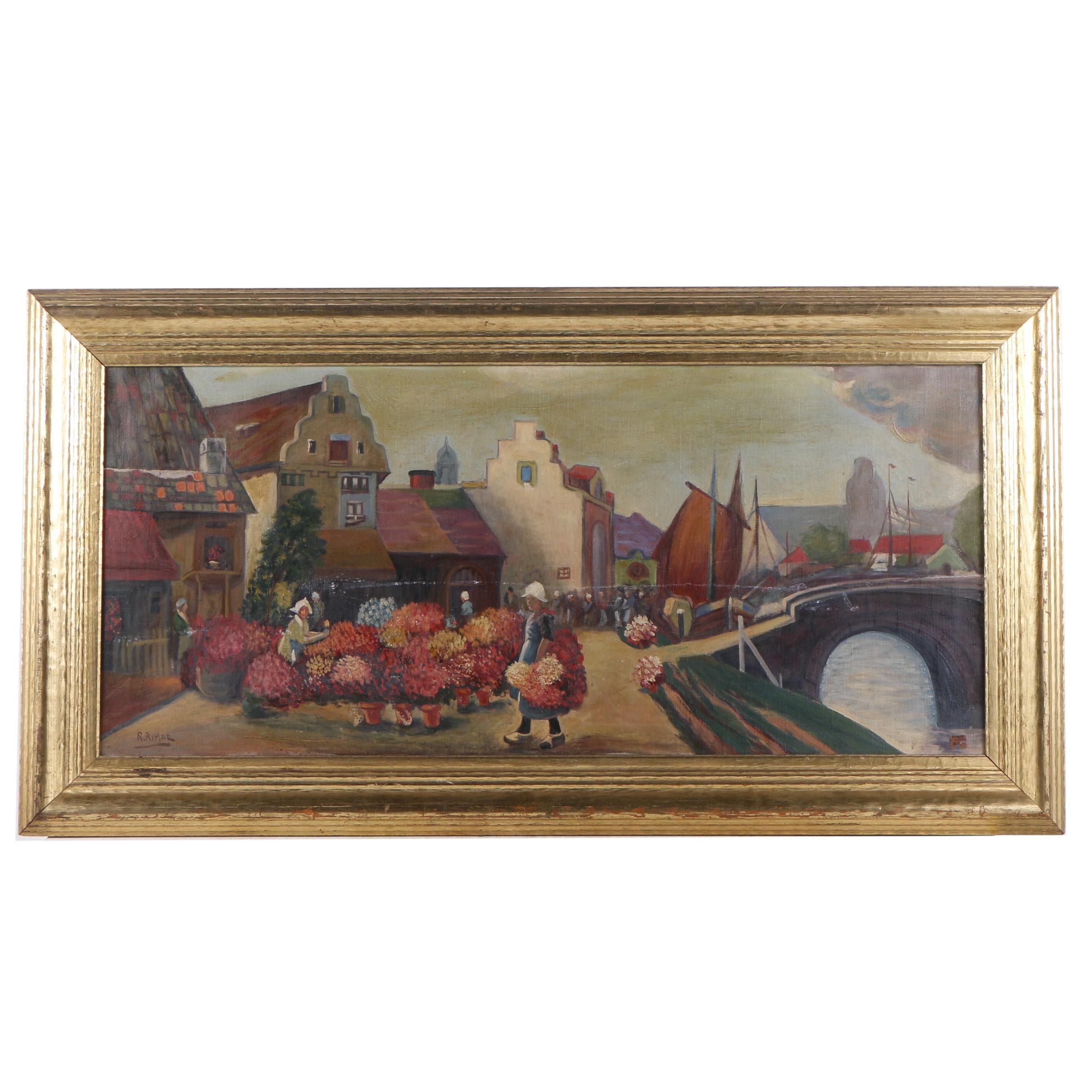 R. Rimar Oil Painting of Dutch Flower Market