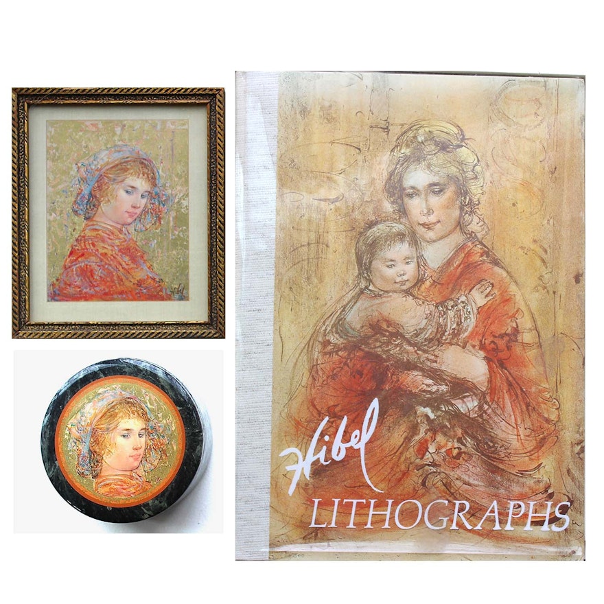 Edna Hibel Offset Lithograph and Gold Leaf on Silk, Dish and Art Book