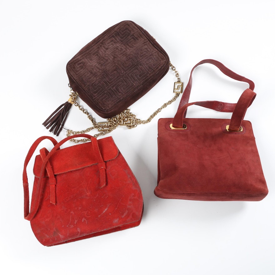 1970s Vintage Suede Handbags Including Ferragamo and Saks Fifth Avenue