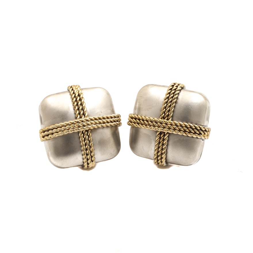 14K White and Yellow Gold Square Omega Back Earrings