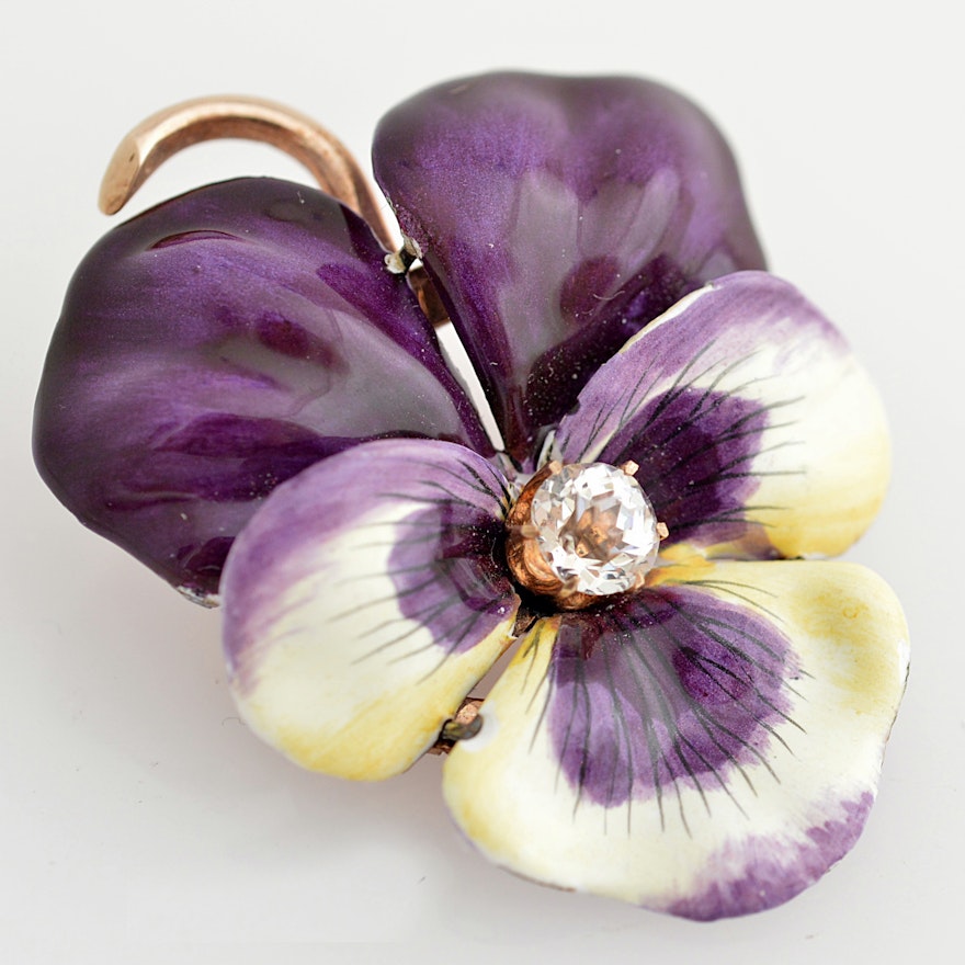 Vintage 10K Yellow Gold Enameled Pansy Brooch with CZ Center