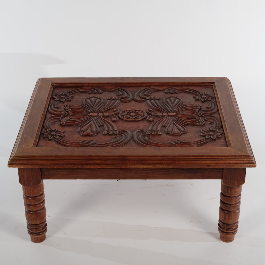 Carved Pine Coffee Table with Butterfly and Floral Motifs