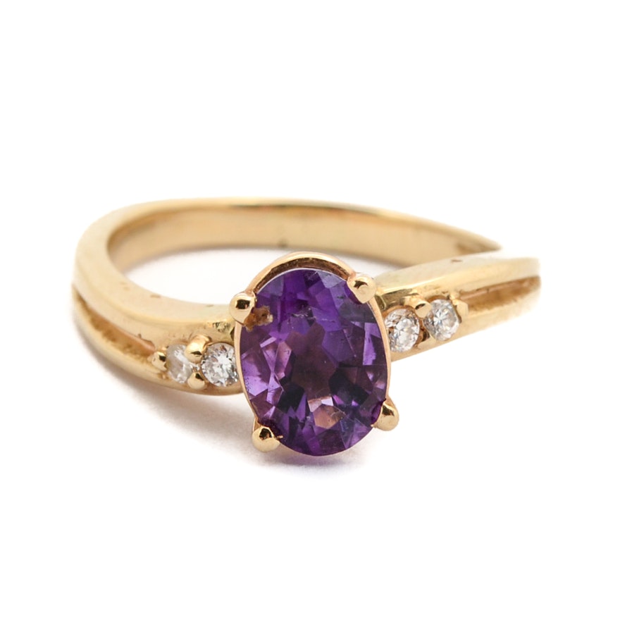 14K Yellow Gold Amethyst and Diamond Ring