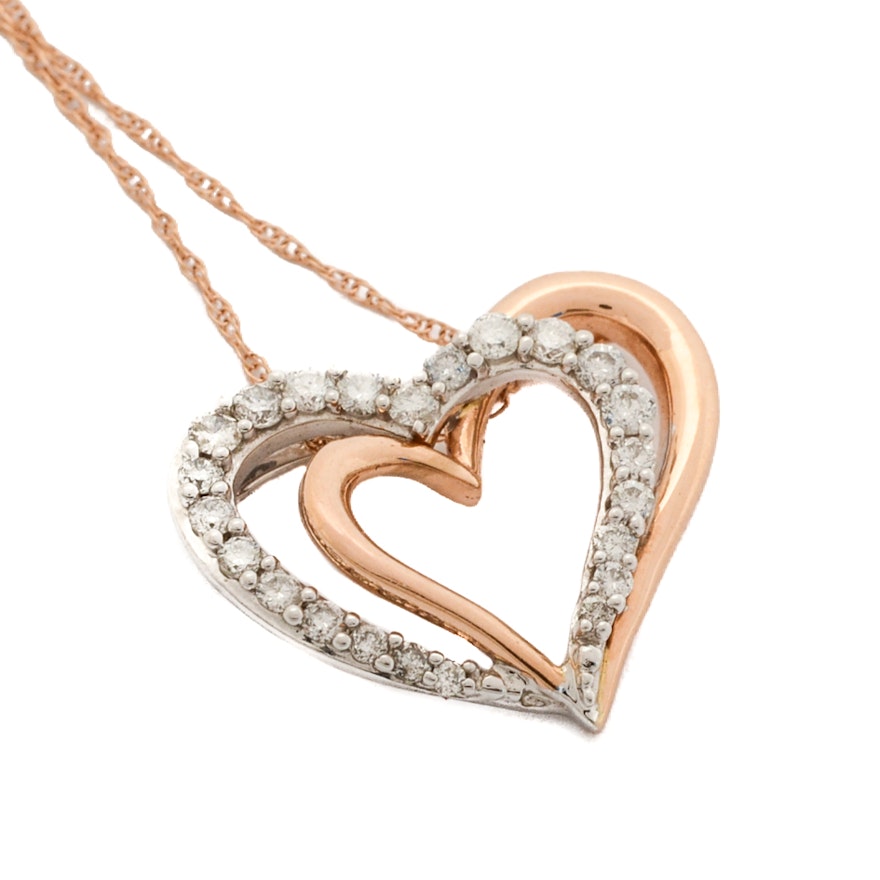 14K Yellow and White Gold Diamond Heart Pendant Necklace