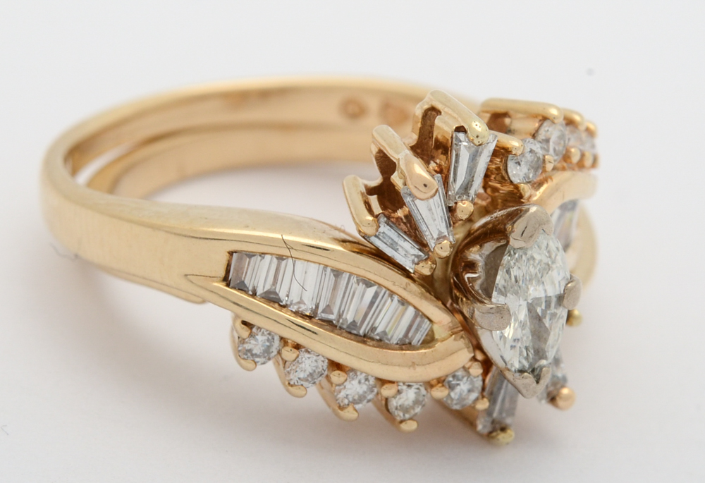 14K Yellow Gold Marquise Cut Diamond Wedding Ring Set