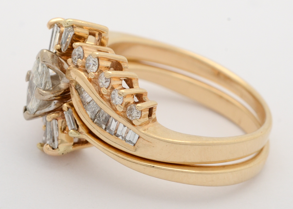 14K Yellow Gold Marquise Cut Diamond Wedding Ring Set