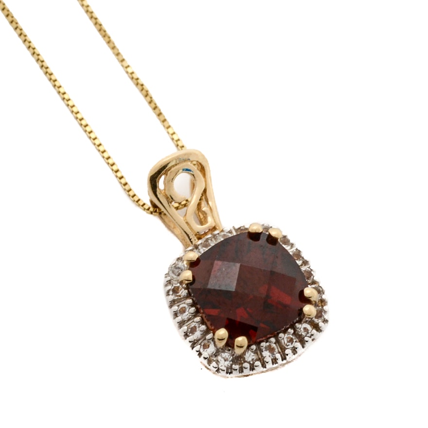 14K Yellow Gold Ruby and White Topaz Pendant Necklace