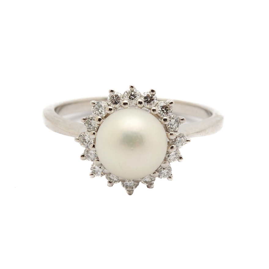 14K White Gold Cultured Pearl and Diamond Halo Ring