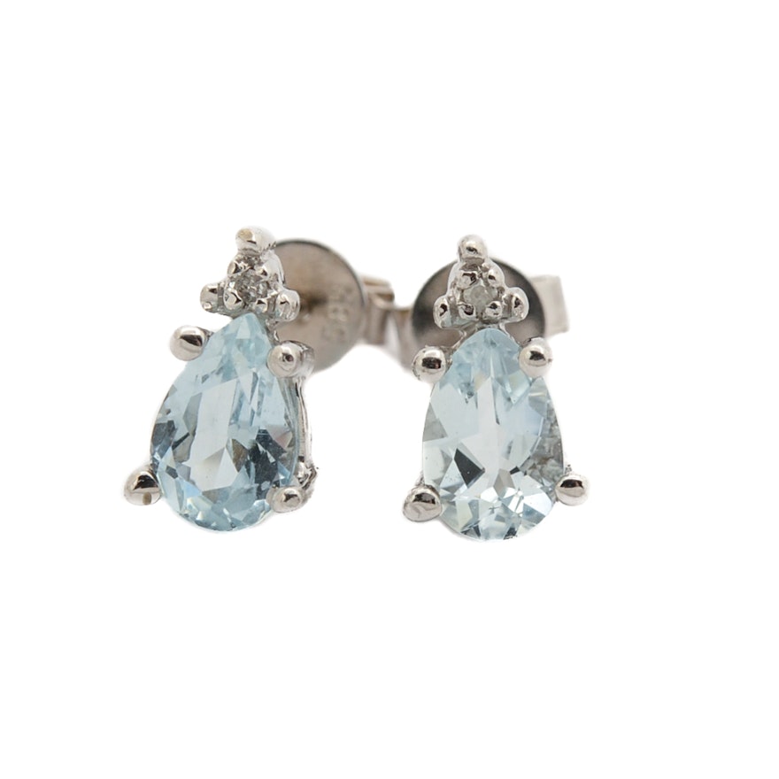 14K White Gold Aquamarine and Diamond Earrings