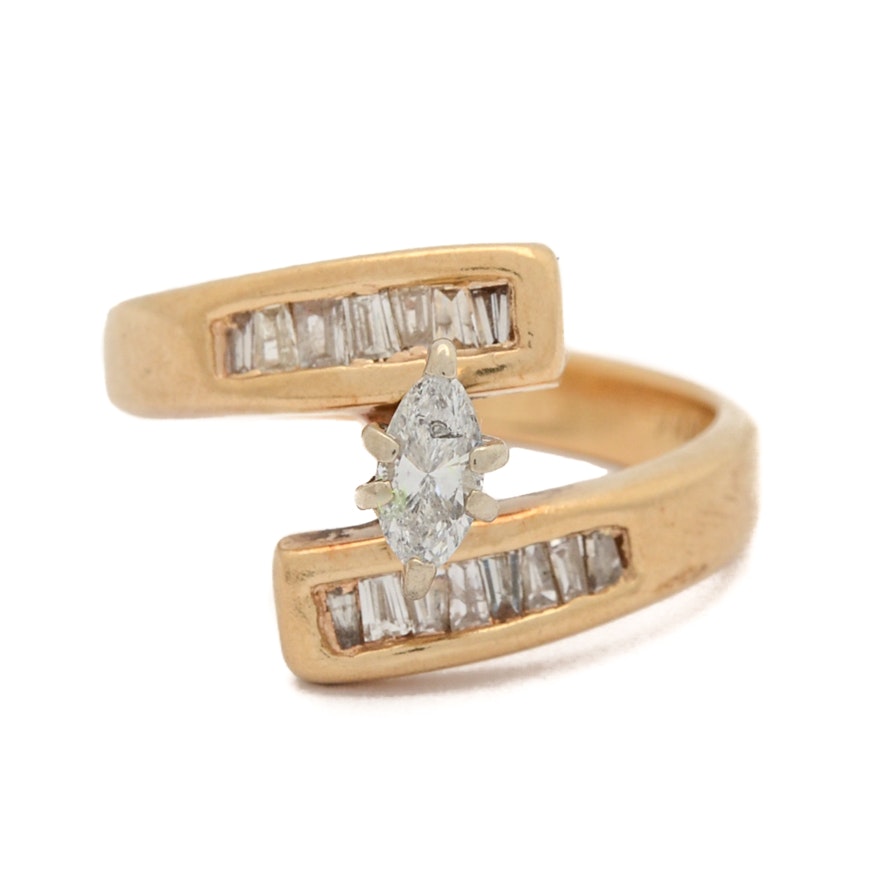 14K Yellow Gold Marquise Diamond Bypass Ring