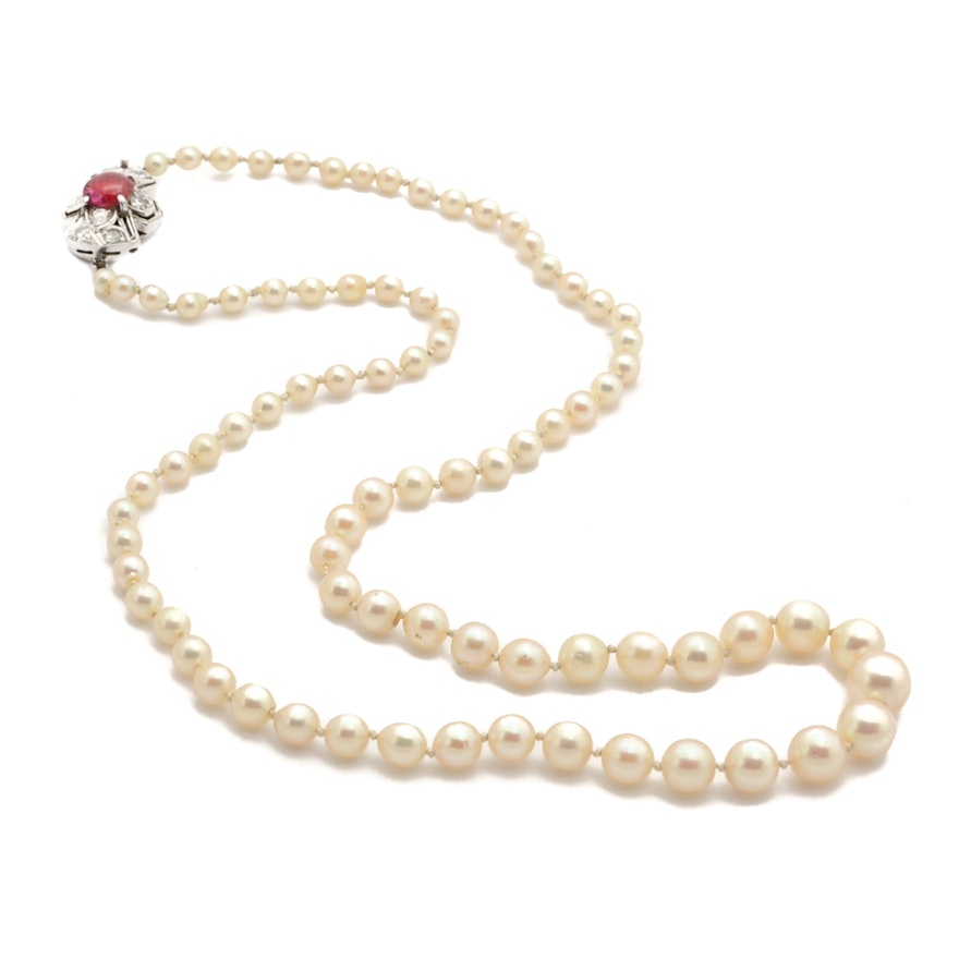 14K White Gold Cultured Pearl Diamond and Ruby Necklace