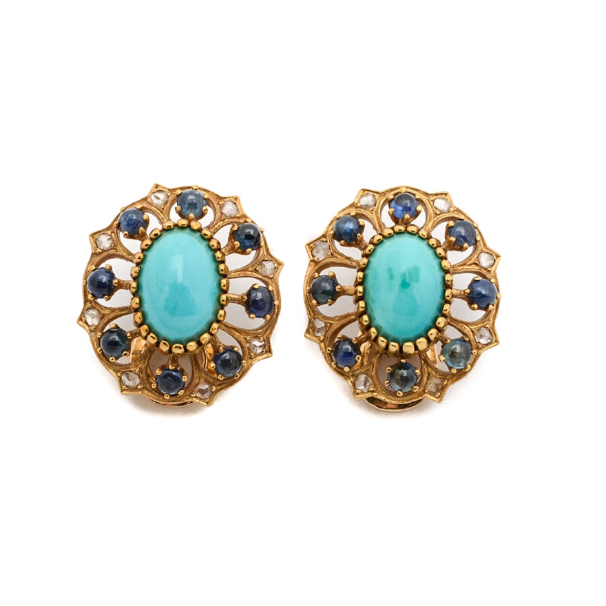 18K Yellow Gold Diamond Sapphire Turquoise Clip Earrings