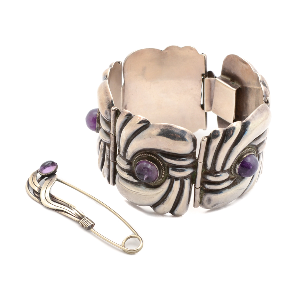 Sterling Silver and Amethyst Bracelet and Brooch