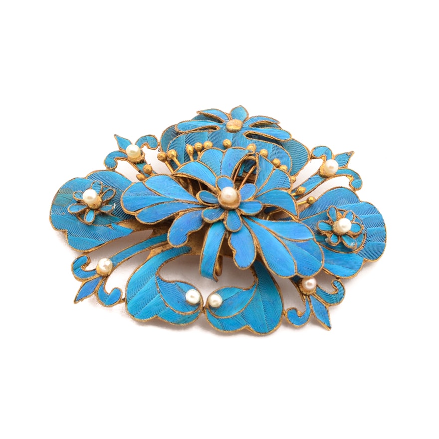 Chinese Tian-Tsui Kingfisher Flower Brooch