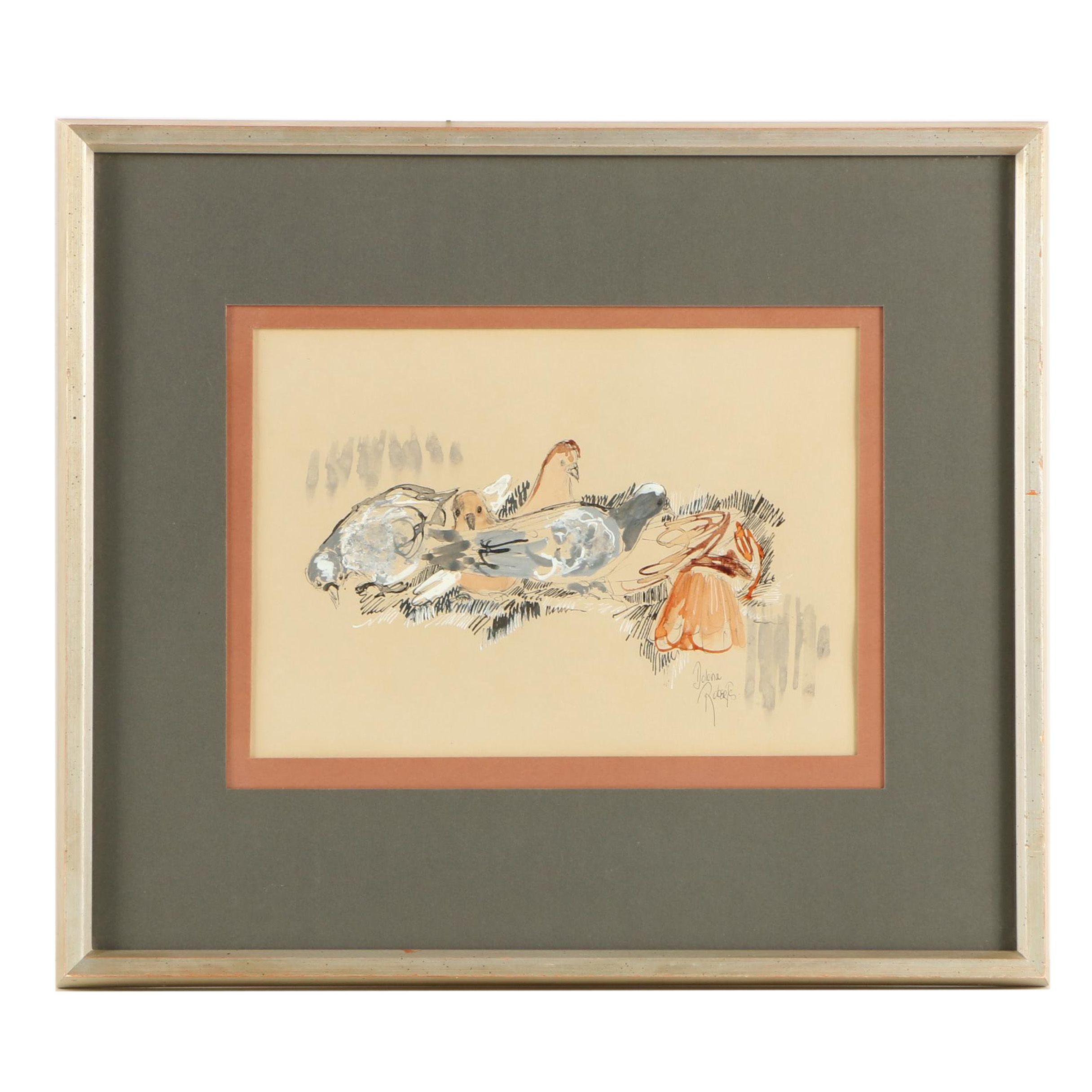 Dolona Roberts Pastel Ink Drawing "Pigeons"