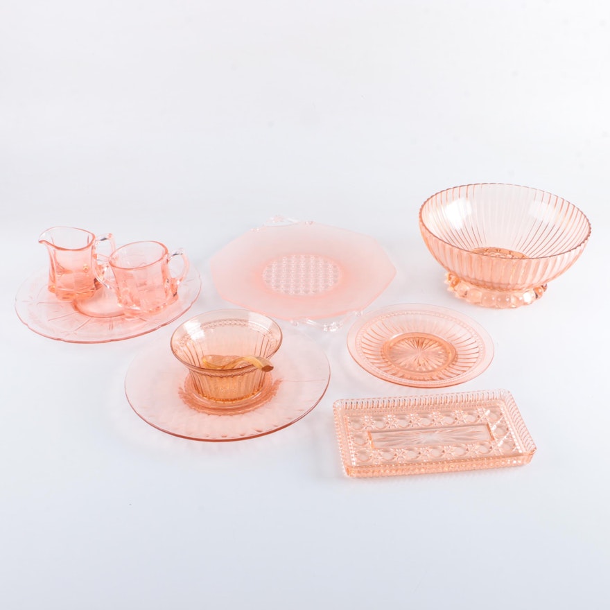 Pink Glass Serving Trays, Bowls, and Creamer with Sugar