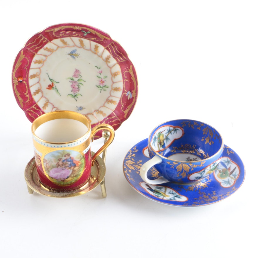 Hand-Painted Porcelain Teacups and Saucers Featuring R.S. Tillowitz