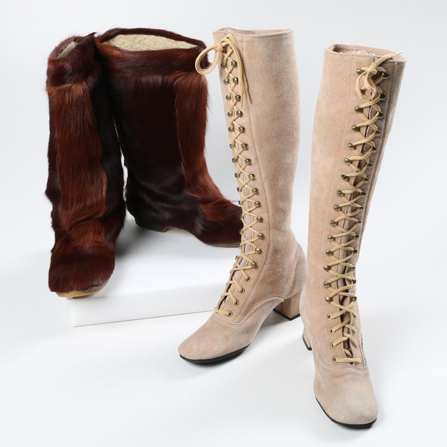 No. 6 Deanna Suede Lace Up Boots and Vintage Isba Goat Fur Après Ski Boots