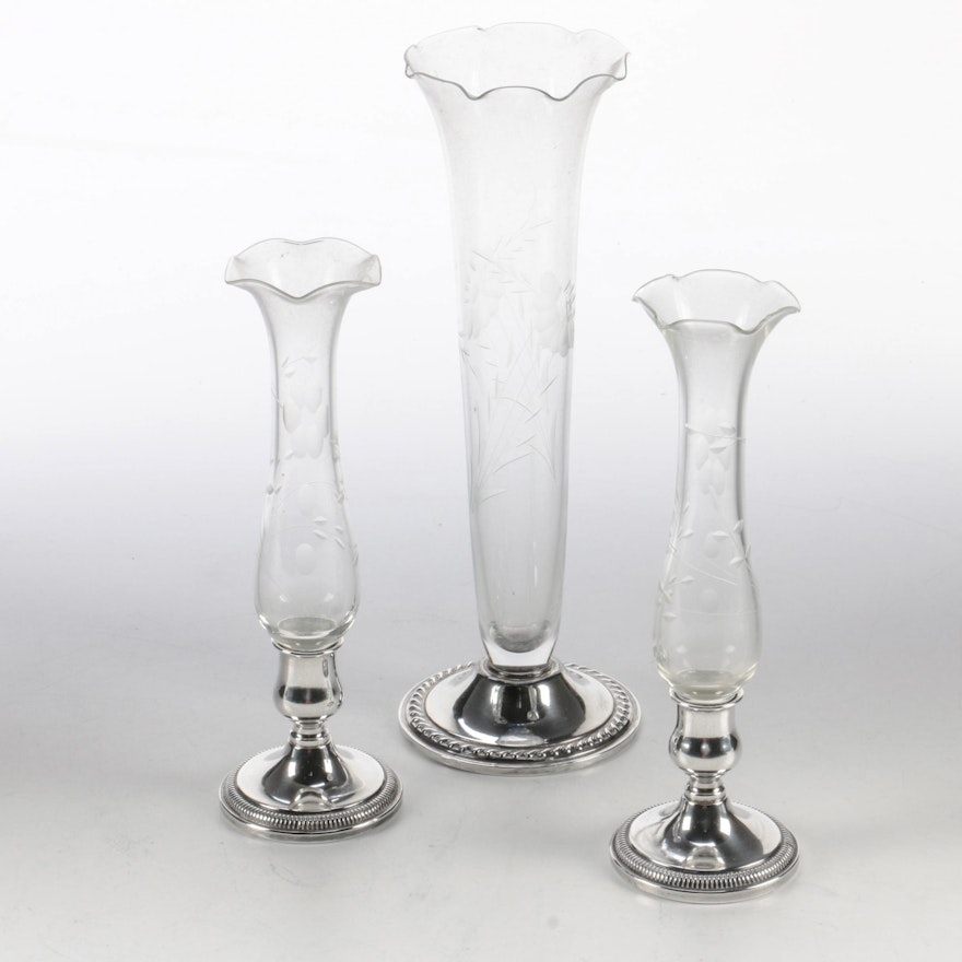 Fisher Silversmiths Weighted Sterling Silver and Etched Glass Bud Vases