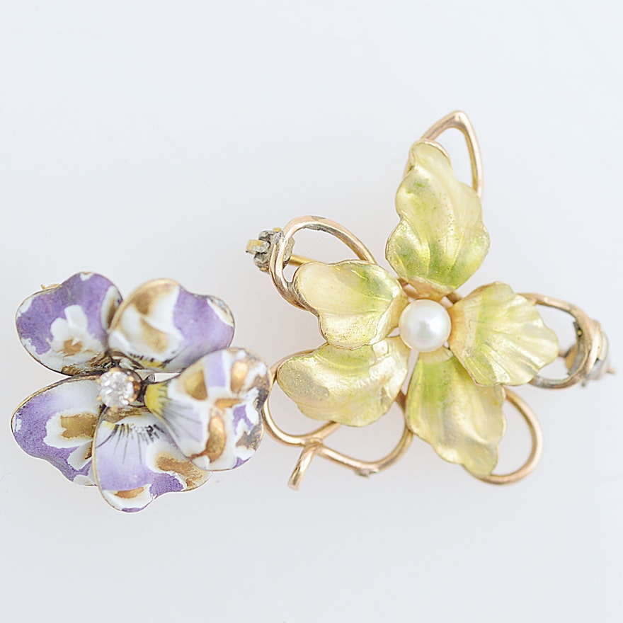 Vintage 10K Yellow Gold, Enamel, Pearl and Diamond Brooches