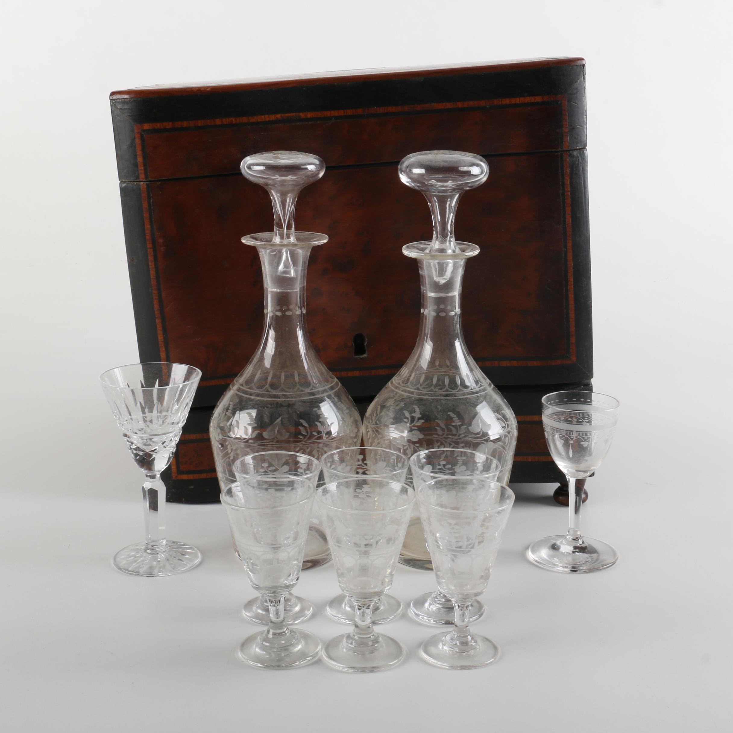 Vintage Wooden Bar Caddy Chest with Etched Glass Decanters and Stemware
