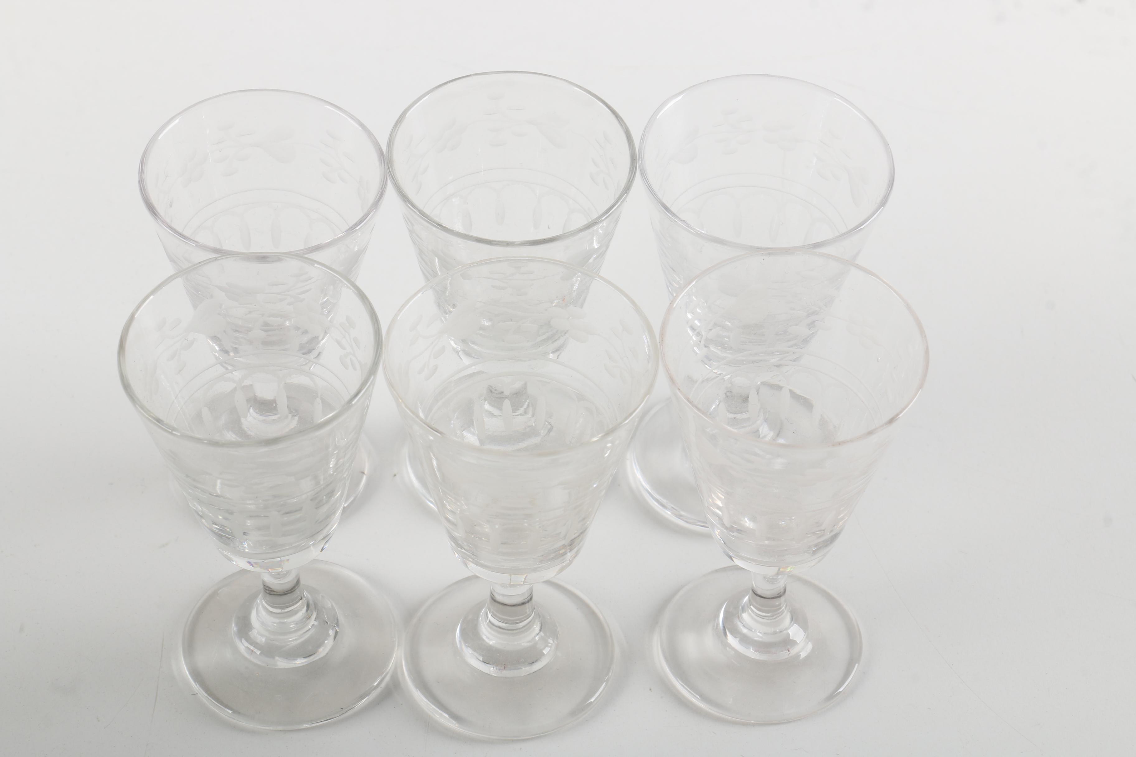 Vintage Wooden Bar Caddy Chest with Etched Glass Decanters and Stemware