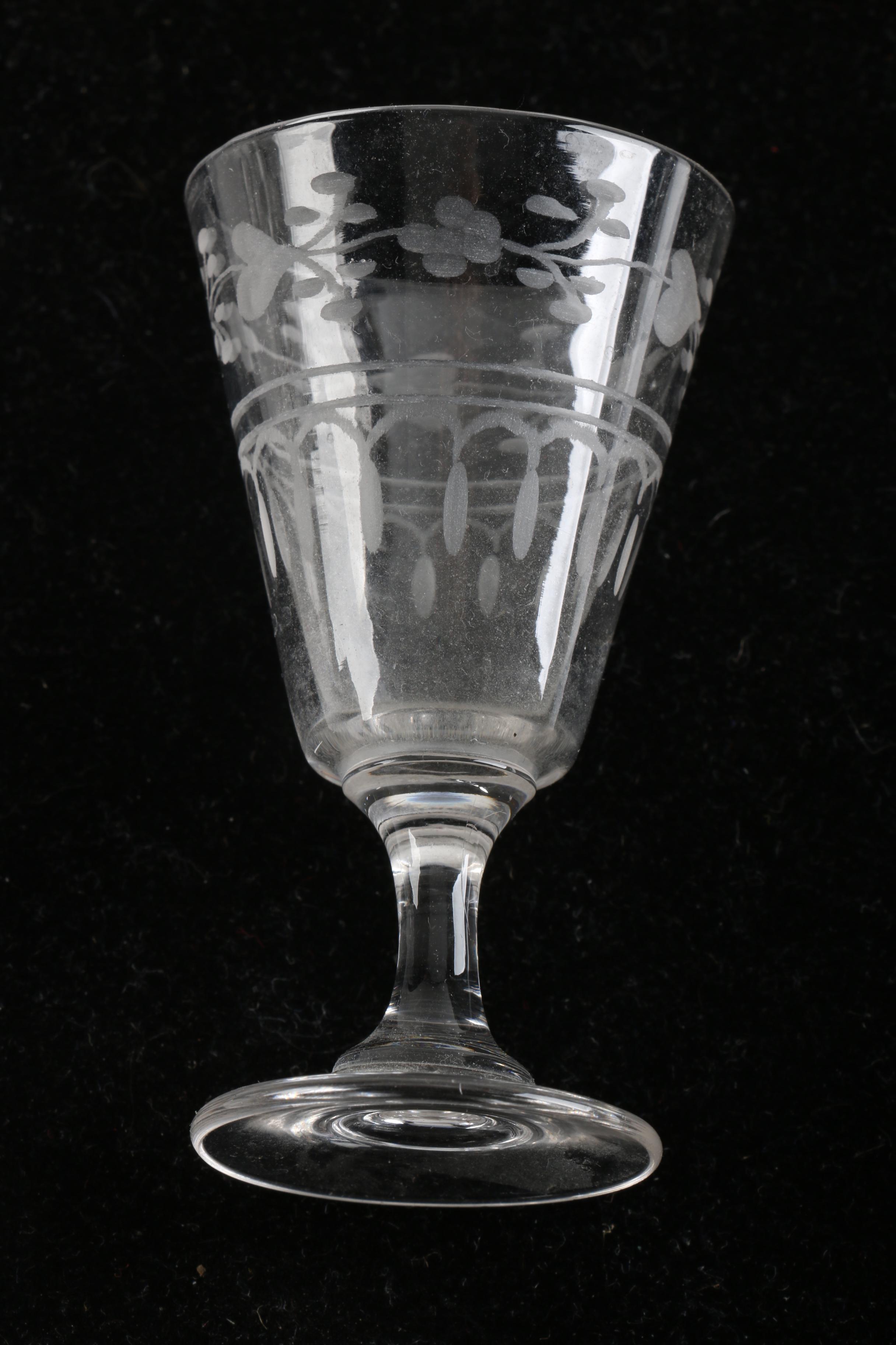 Vintage Wooden Bar Caddy Chest with Etched Glass Decanters and Stemware