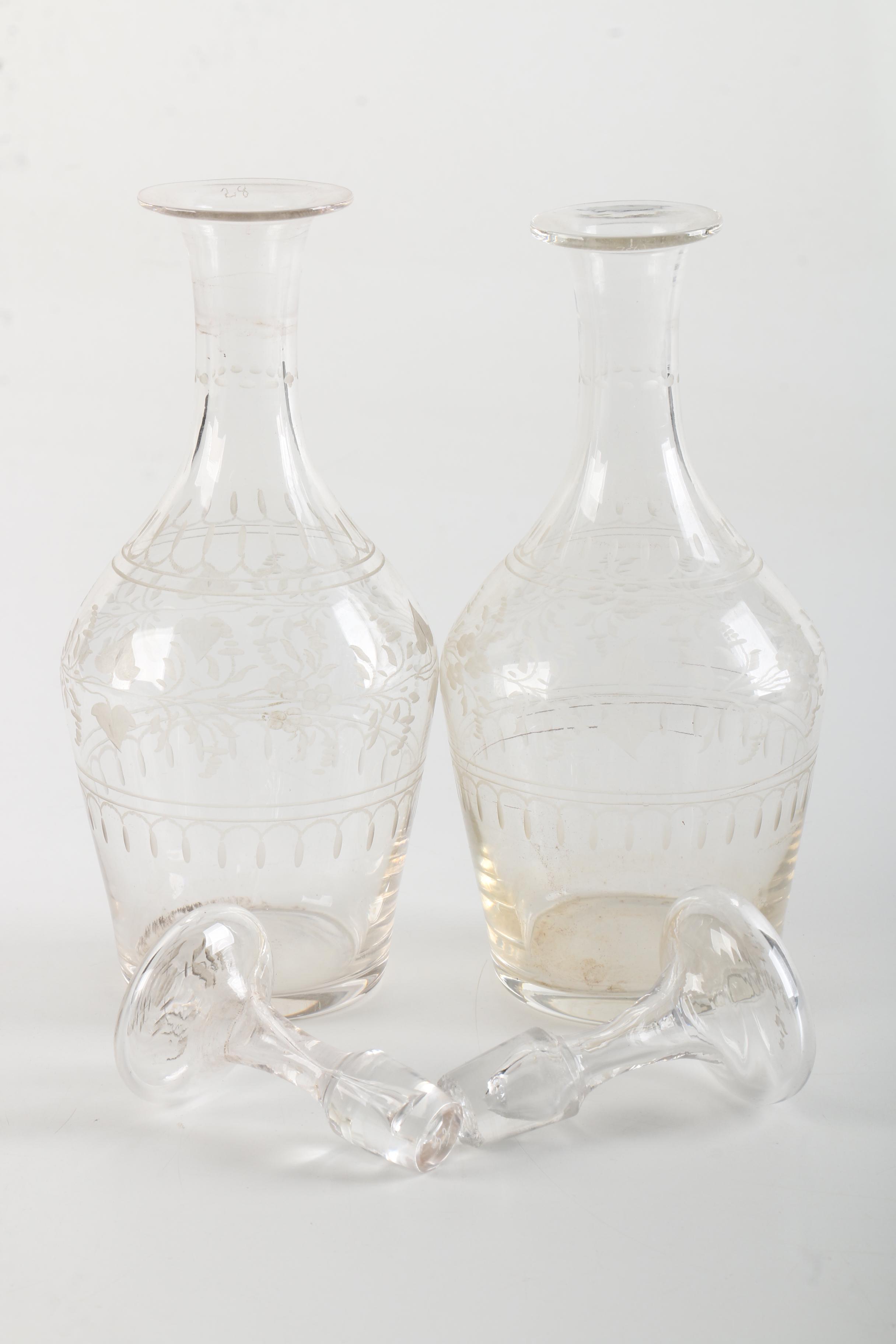 Vintage Wooden Bar Caddy Chest with Etched Glass Decanters and Stemware