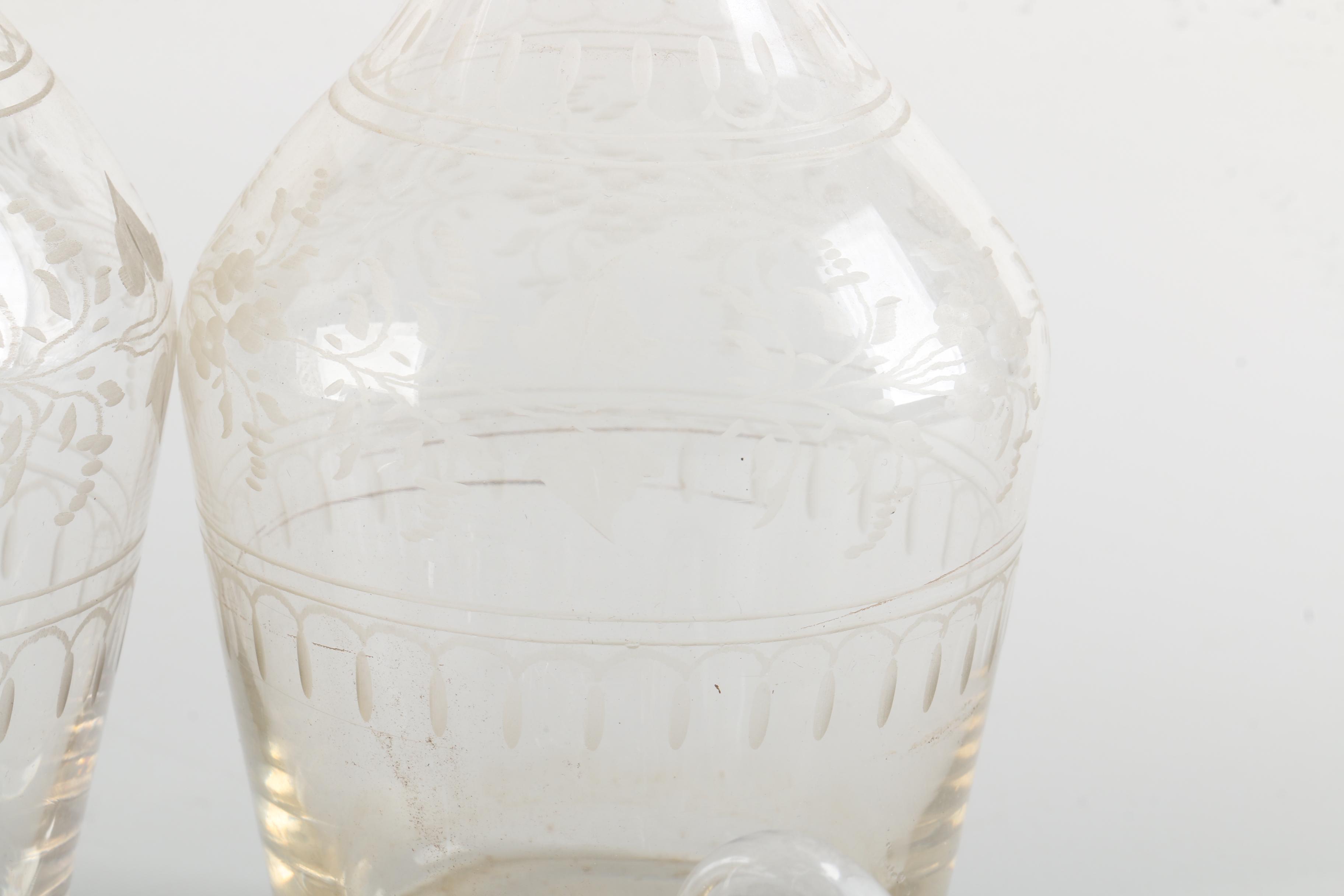 Vintage Wooden Bar Caddy Chest with Etched Glass Decanters and Stemware