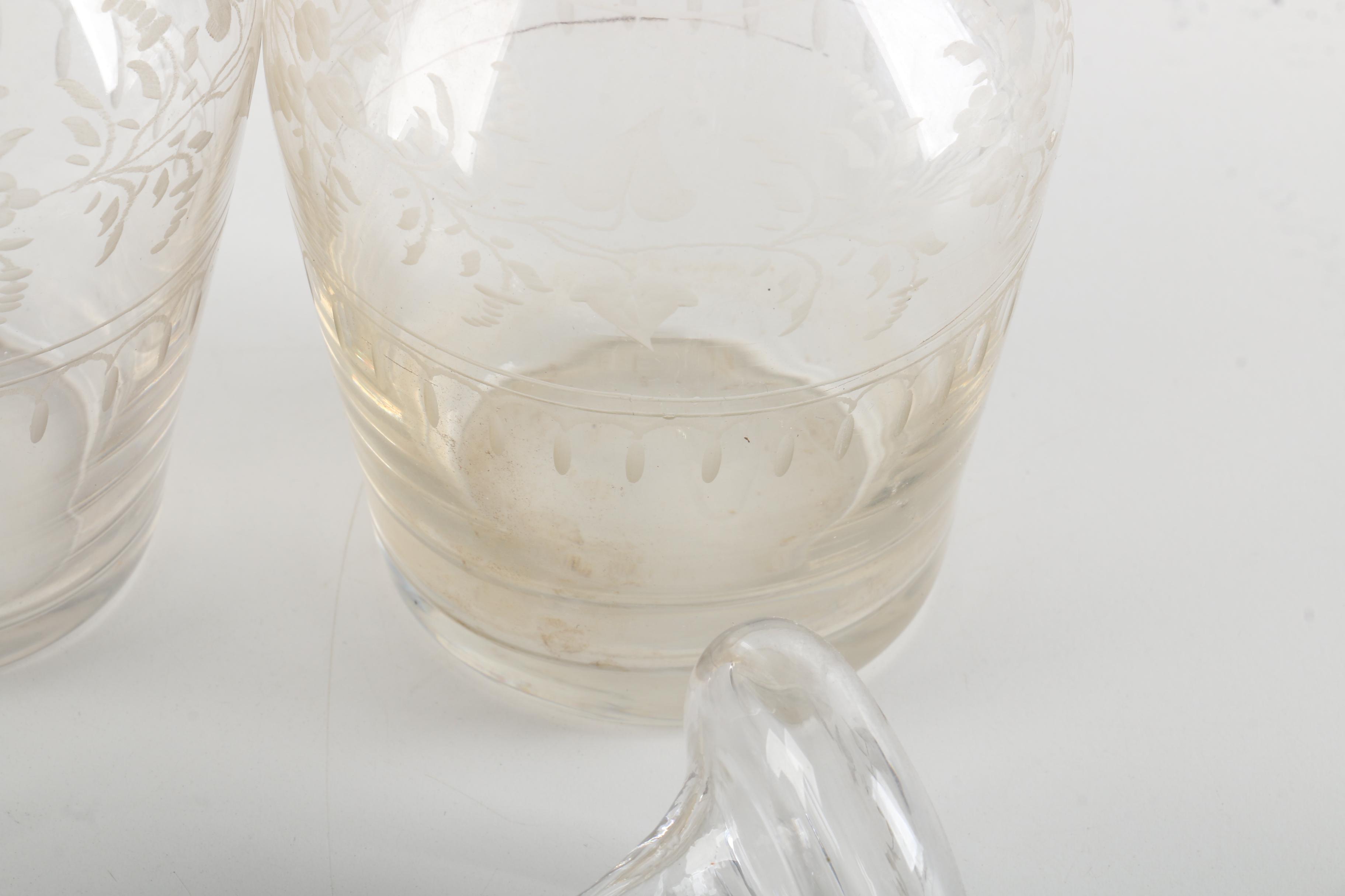 Vintage Wooden Bar Caddy Chest with Etched Glass Decanters and Stemware