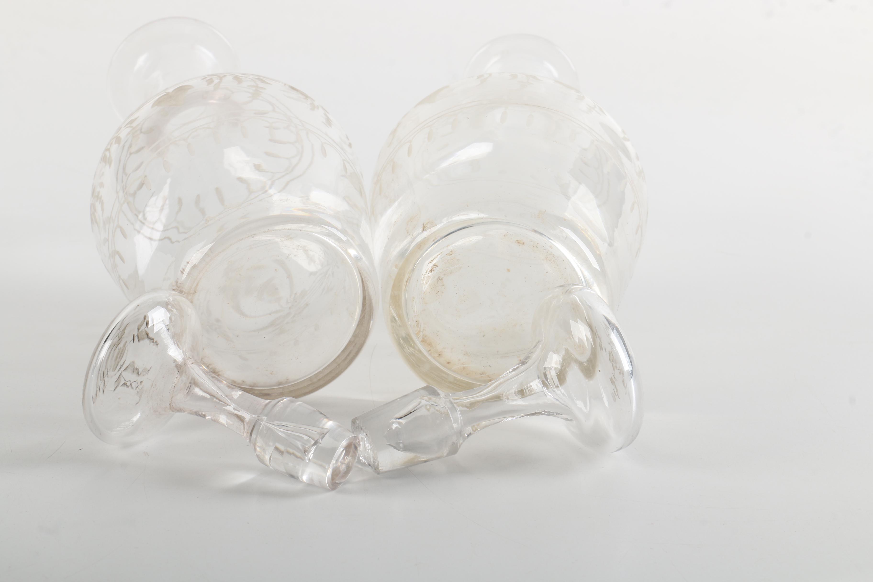 Vintage Wooden Bar Caddy Chest with Etched Glass Decanters and Stemware