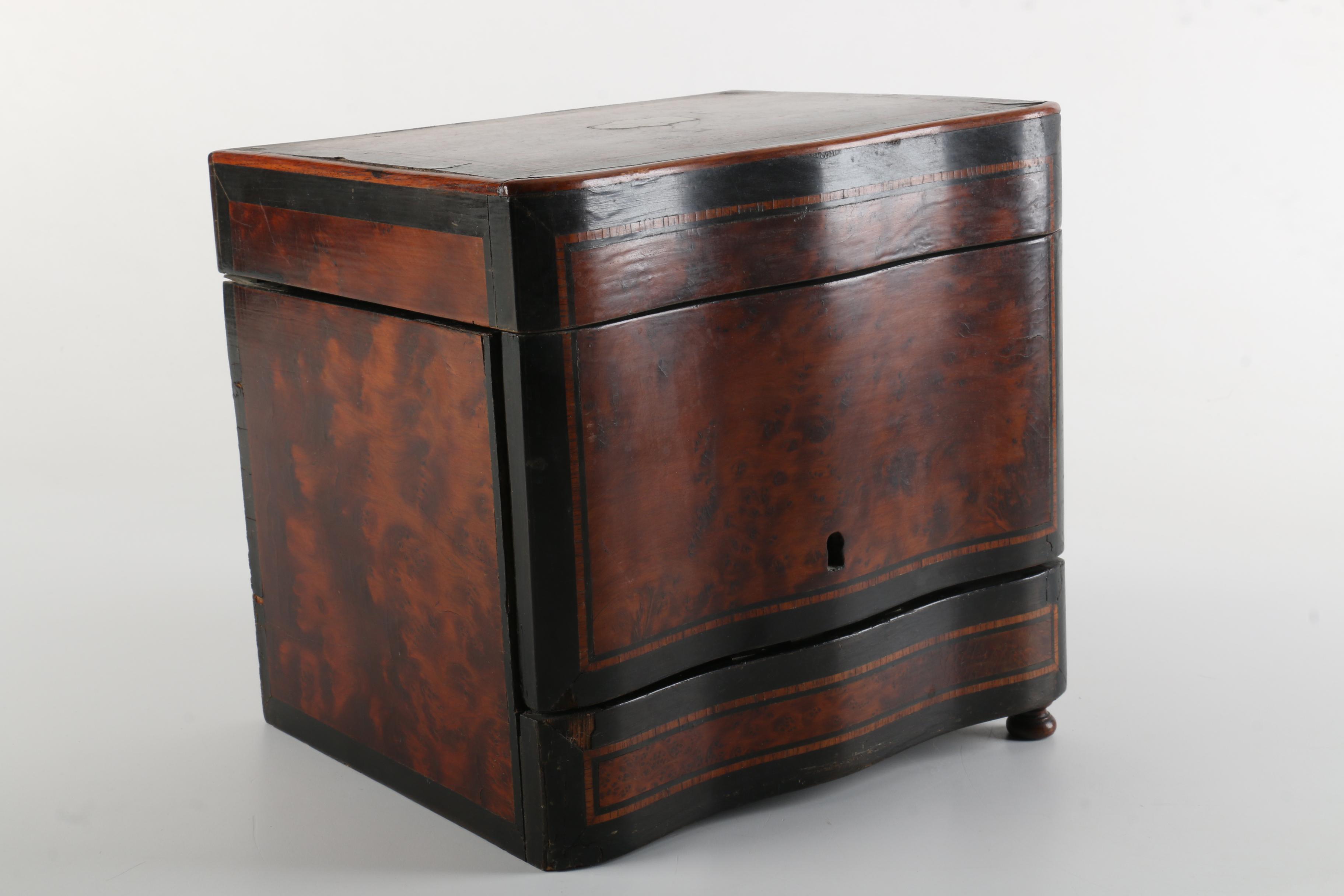 Vintage Wooden Bar Caddy Chest with Etched Glass Decanters and Stemware